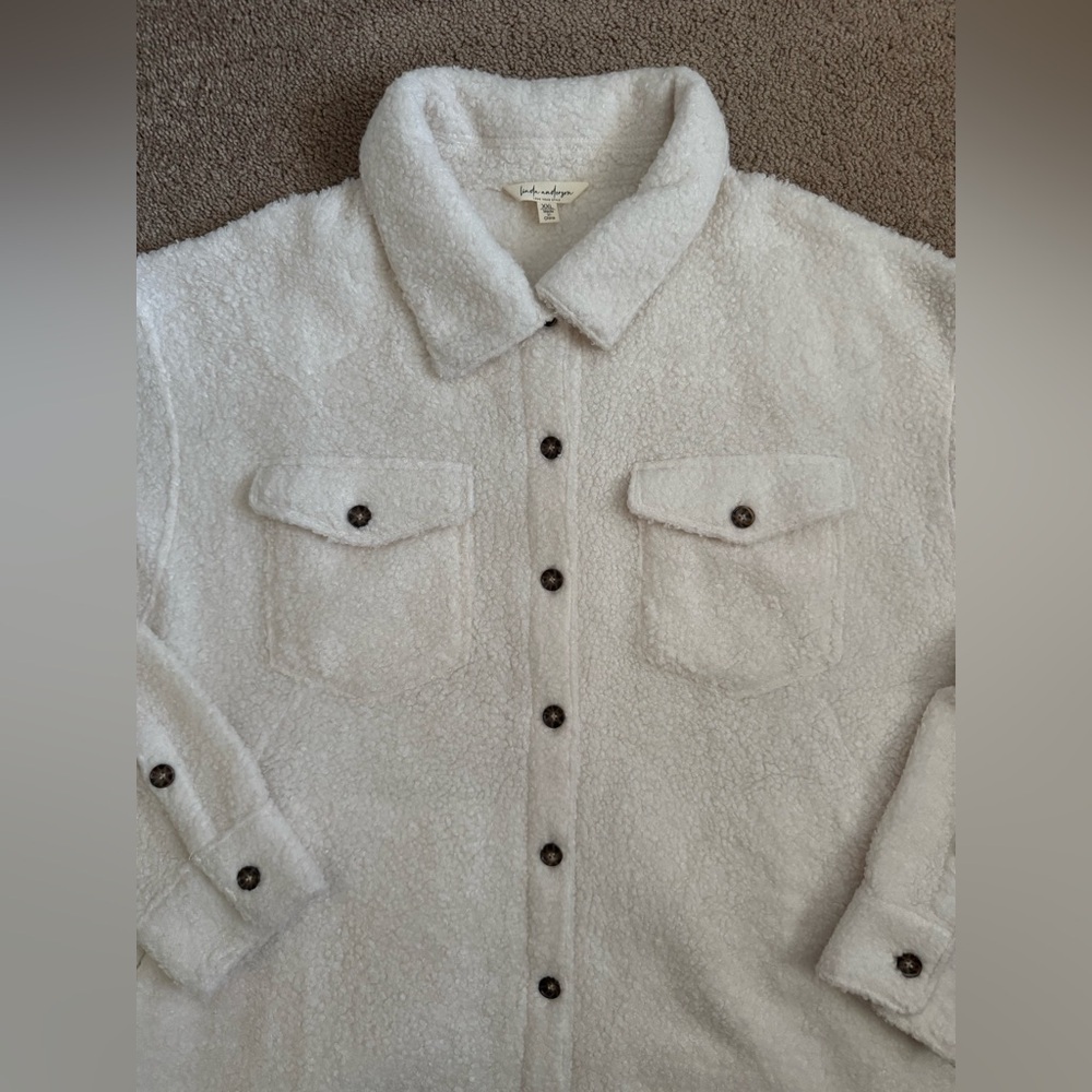 Linda Anderson Sherpa Shacket Jacket Women’s XXL Cream Button Front Teddy Fleece - Picture 3 of 8